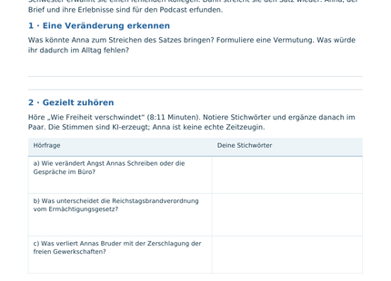 Originalseite A1: erfundene Briefszene mit Anna, Leitfrage und drei Hörfragen zum Podcast Wie Freiheit verschwindet.