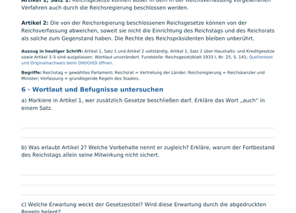 Originalseite B1: Ermächtigungsgesetz mit Artikel 1 Satz 1, Artikel 2 und Aufgaben zu den Befugnissen der Reichsregierung.