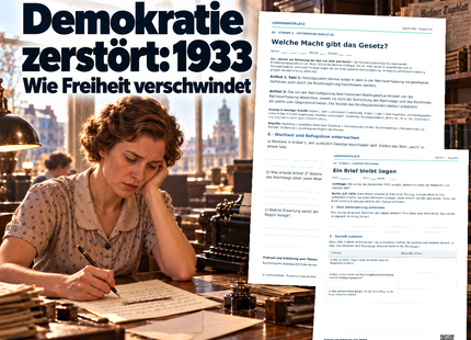 Unterrichtseinheit Demokratie 1933 für Klasse 8–9: illustrierte Briefszene und Originalvorschauen, PDF und PowerPoint für 45–90 Minuten.