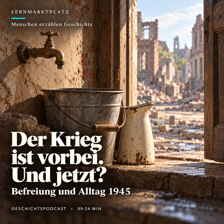 Der Krieg ist vorbei. Und jetzt? – KI-Symbolbild mit Wasserhahn, Eimer und Krug; keine historische Aufnahme.