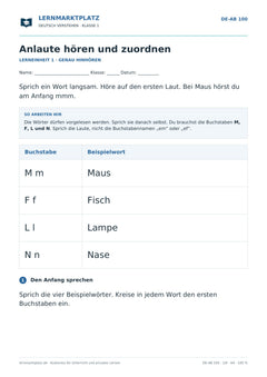 Anlaute hören und zuordnen – kostenloses Deutsch-Arbeitsblatt mit Lösungen (PDF)