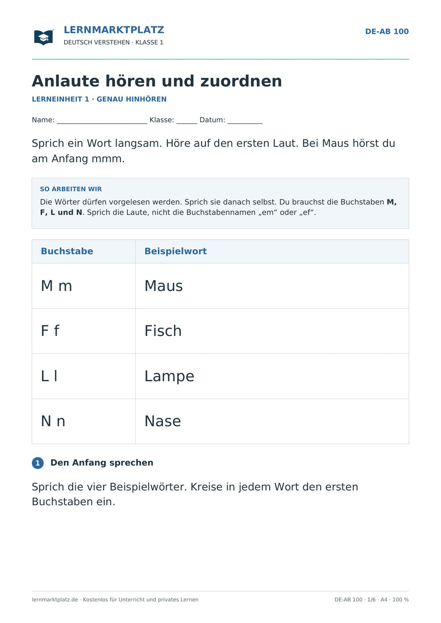 Anlaute hören und zuordnen – erste Seite des Deutsch-Arbeitsblatts für Klasse 1