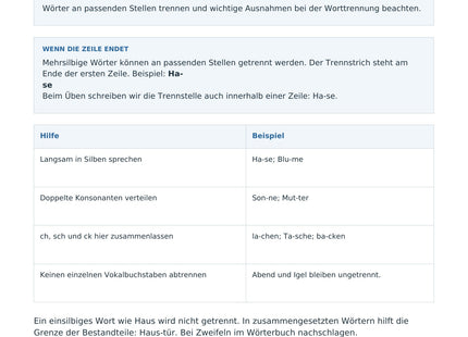 Wörter am Zeilenende trennen – erste Seite des Deutsch-Arbeitsblatts für Klasse 3-4