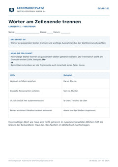 Wörter am Zeilenende trennen – kostenloses Deutsch-Arbeitsblatt mit Lösungen (PDF)