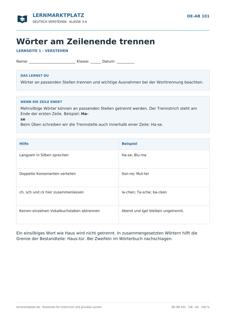 Wörter am Zeilenende trennen – erste Seite des Deutsch-Arbeitsblatts für Klasse 3-4
