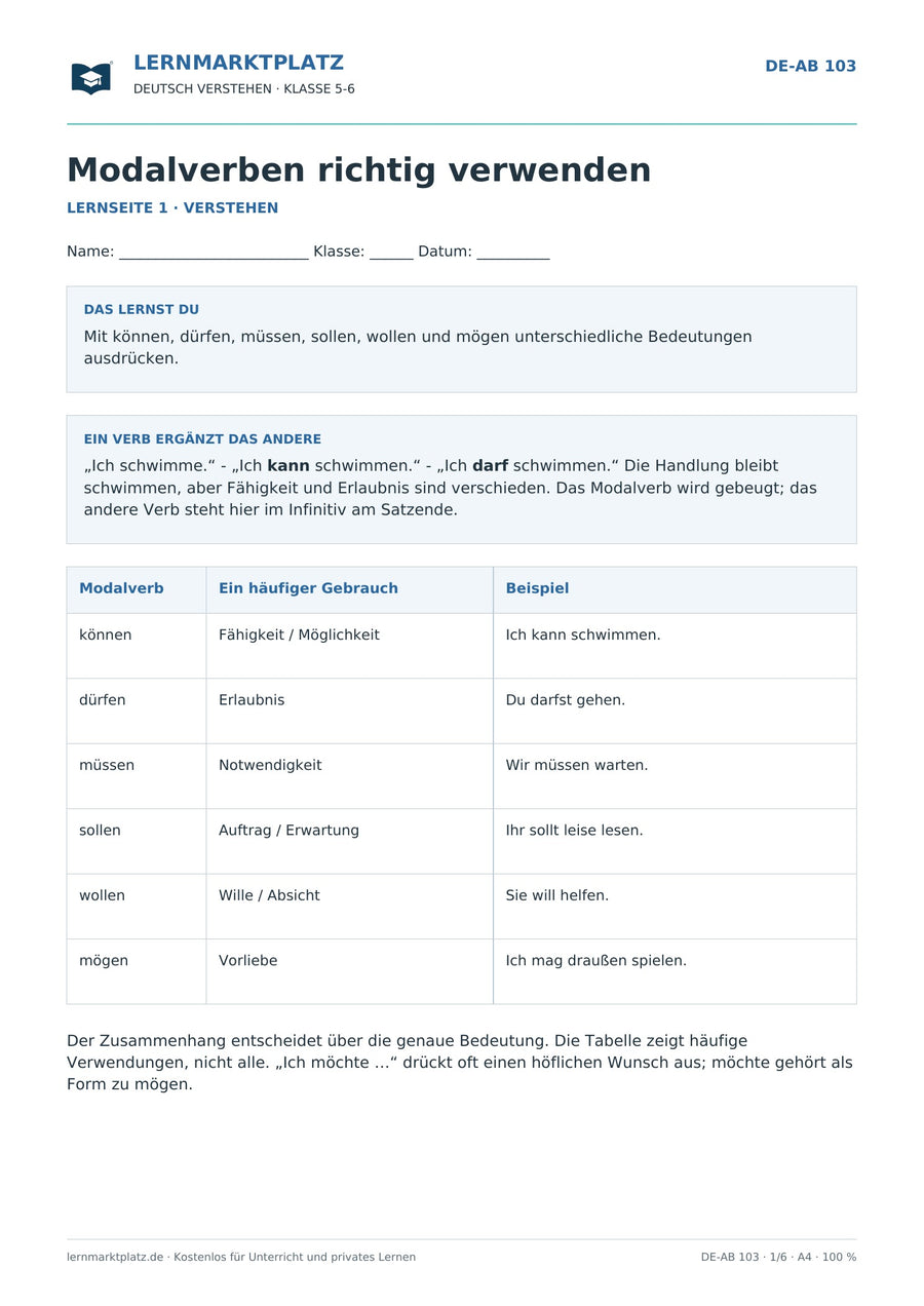 Modalverben richtig verwenden – erste Seite des Deutsch-Arbeitsblatts für Klasse 5-6