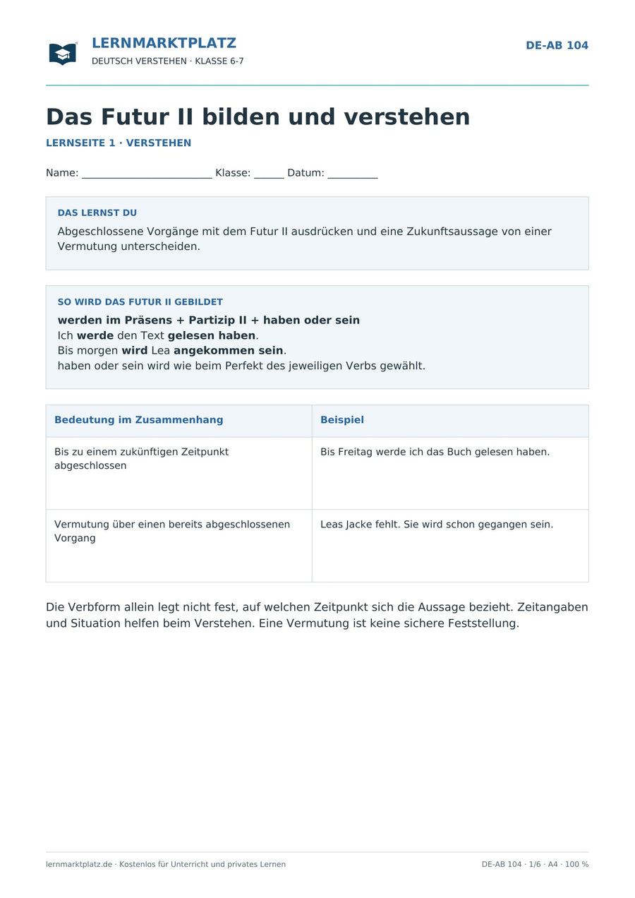Das Futur II bilden und verstehen – erste Seite des Deutsch-Arbeitsblatts für Klasse 6-7