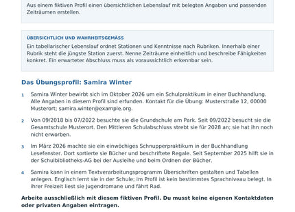 Einen tabellarischen Lebenslauf erstellen – erste Seite des Deutsch-Arbeitsblatts für Klasse 8-9