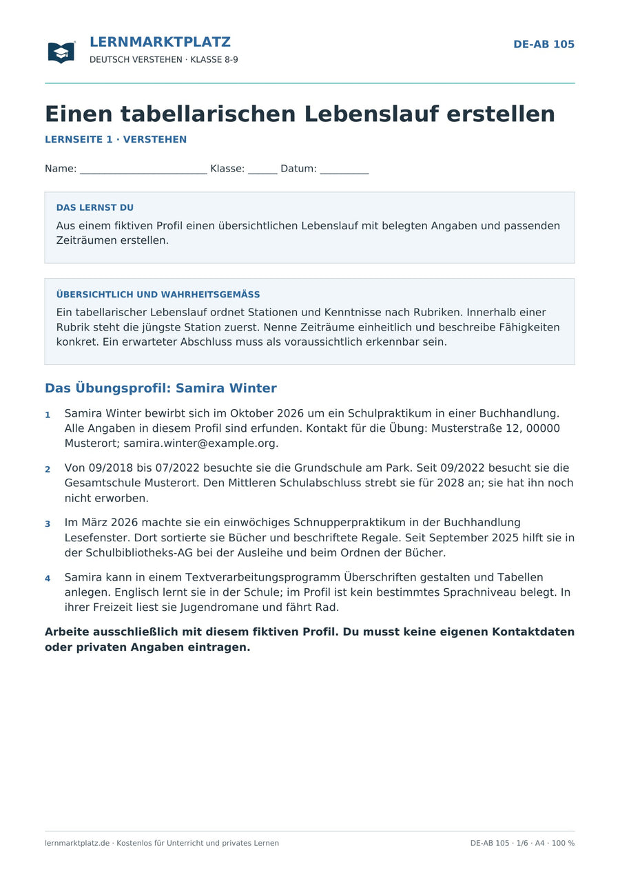 Einen tabellarischen Lebenslauf erstellen – erste Seite des Deutsch-Arbeitsblatts für Klasse 8-9