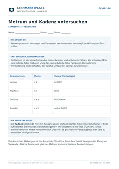 Metrum und Kadenz untersuchen – kostenloses Deutsch-Arbeitsblatt mit Lösungen (PDF)
