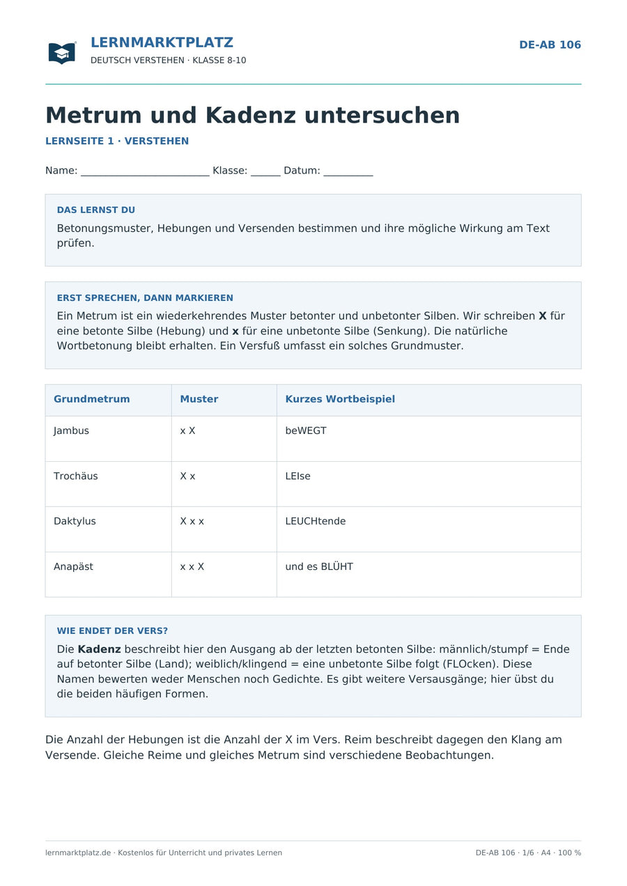 Metrum und Kadenz untersuchen – erste Seite des Deutsch-Arbeitsblatts für Klasse 8-10