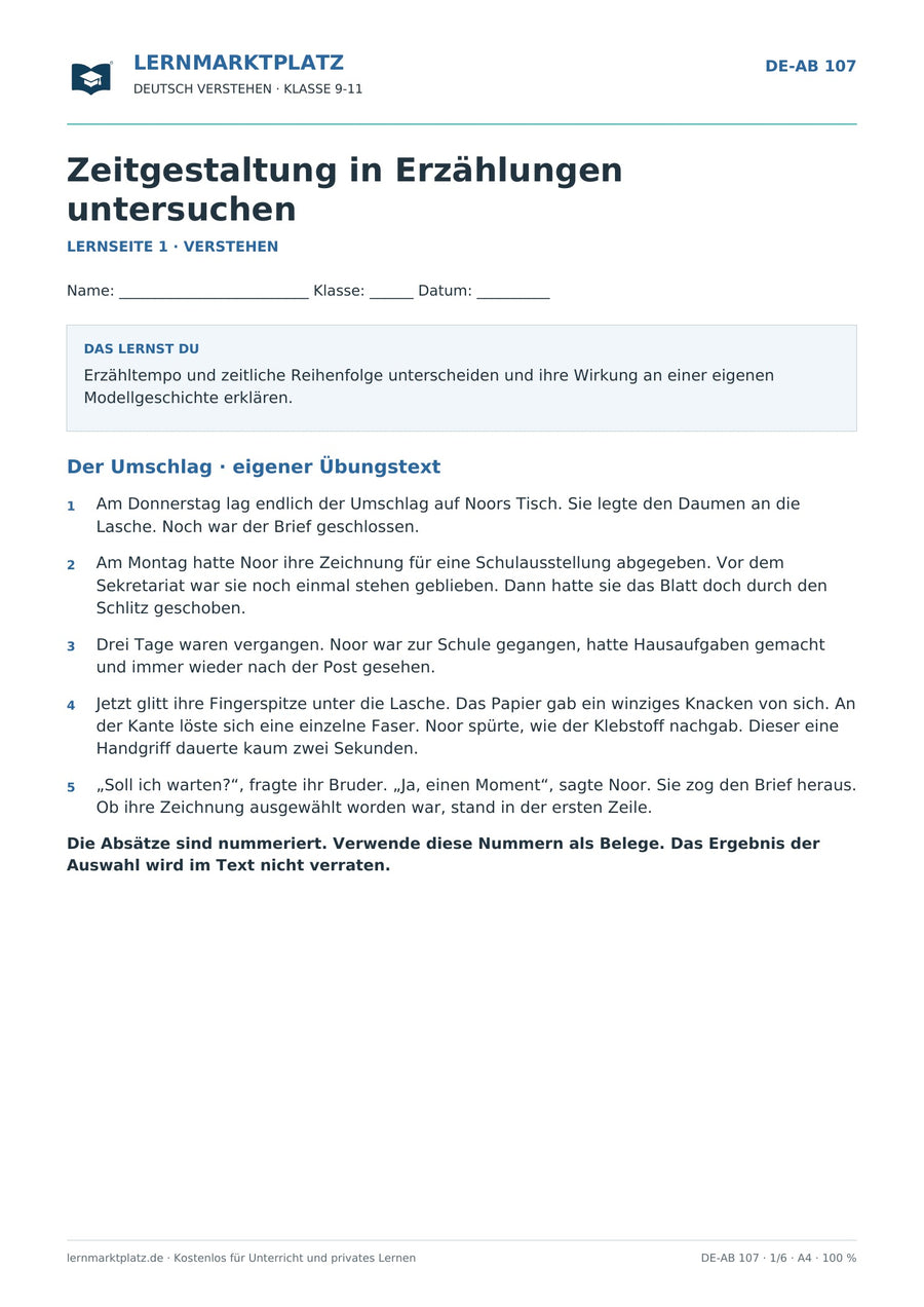 Zeitgestaltung in Erzählungen untersuchen – erste Seite des Deutsch-Arbeitsblatts für Klasse 9-11