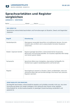Sprachvarietäten und Register vergleichen – kostenloses Deutsch-Arbeitsblatt mit Lösungen (PDF)
