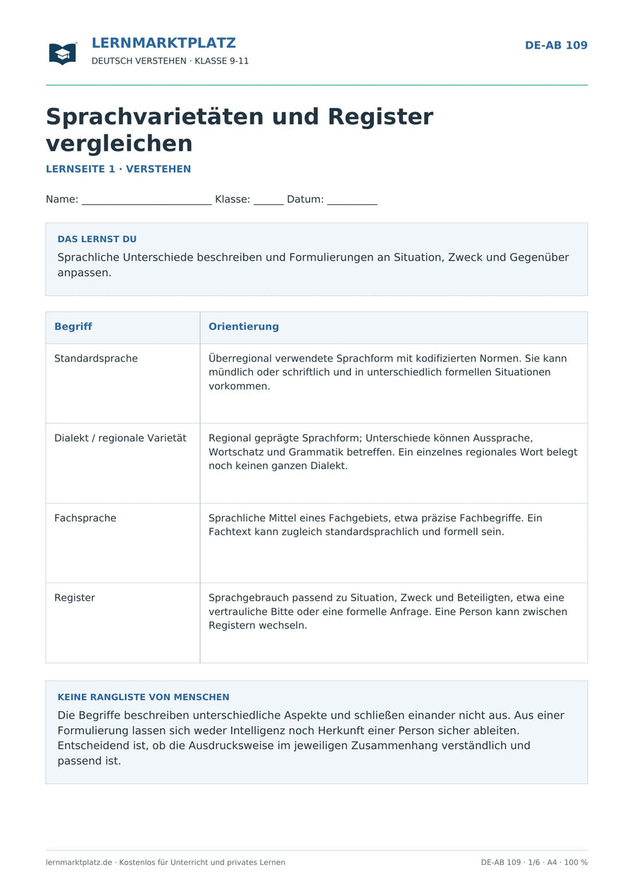 Sprachvarietäten und Register vergleichen – erste Seite des Deutsch-Arbeitsblatts für Klasse 9-11