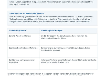 Eine anschauliche Schilderung schreiben – erste Seite des Deutsch-Arbeitsblatts für Klasse 6-7