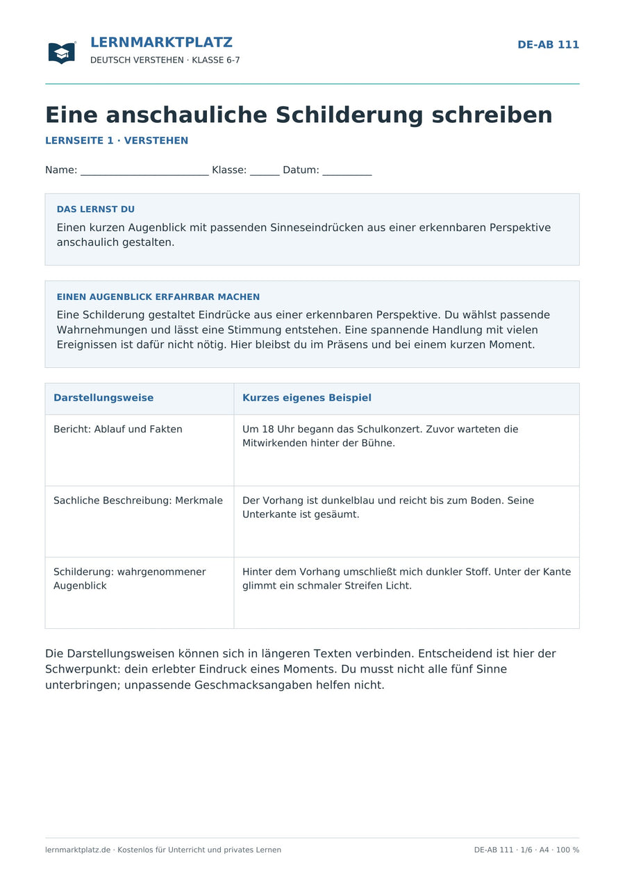 Eine anschauliche Schilderung schreiben – erste Seite des Deutsch-Arbeitsblatts für Klasse 6-7