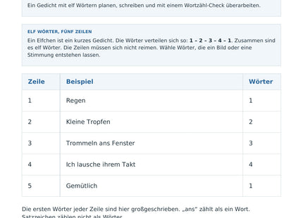 Ein Elfchen schreiben – erste Seite des Deutsch-Arbeitsblatts für Klasse 3-4