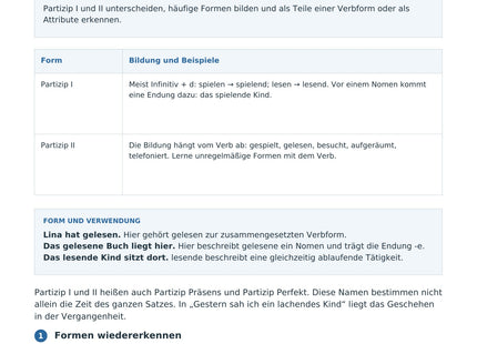 Partizip I und II bilden und verwenden – erste Seite des Deutsch-Arbeitsblatts für Klasse 6-7