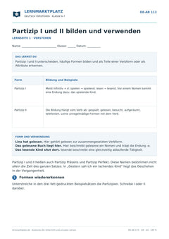 Partizip I und II bilden und verwenden – kostenloses Deutsch-Arbeitsblatt mit Lösungen (PDF)