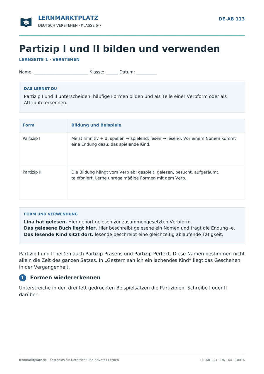 Partizip I und II bilden und verwenden – erste Seite des Deutsch-Arbeitsblatts für Klasse 6-7