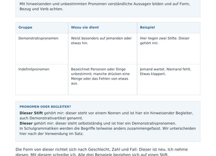 Demonstrativ- und Indefinitpronomen – erste Seite des Deutsch-Arbeitsblatts für Klasse 6-7