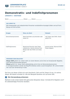Demonstrativ- und Indefinitpronomen – kostenloses Deutsch-Arbeitsblatt mit Lösungen (PDF)