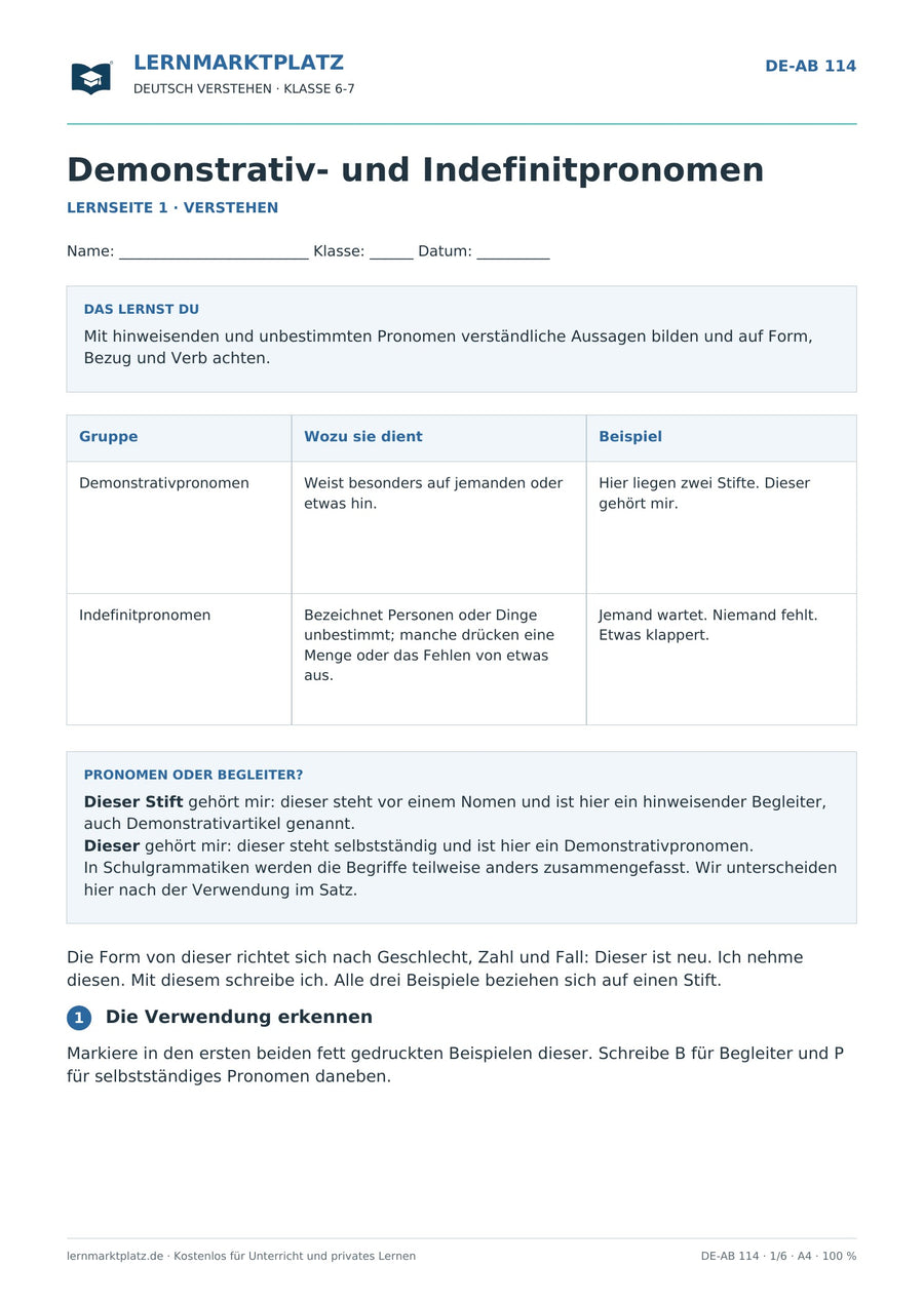 Demonstrativ- und Indefinitpronomen – erste Seite des Deutsch-Arbeitsblatts für Klasse 6-7