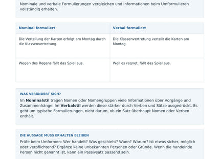 Nominal- und Verbalstil bewusst nutzen – erste Seite des Deutsch-Arbeitsblatts für Klasse 8-10