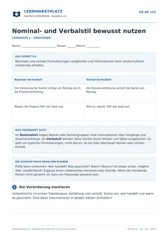 Nominal- und Verbalstil bewusst nutzen – kostenloses Deutsch-Arbeitsblatt mit Lösungen (PDF)