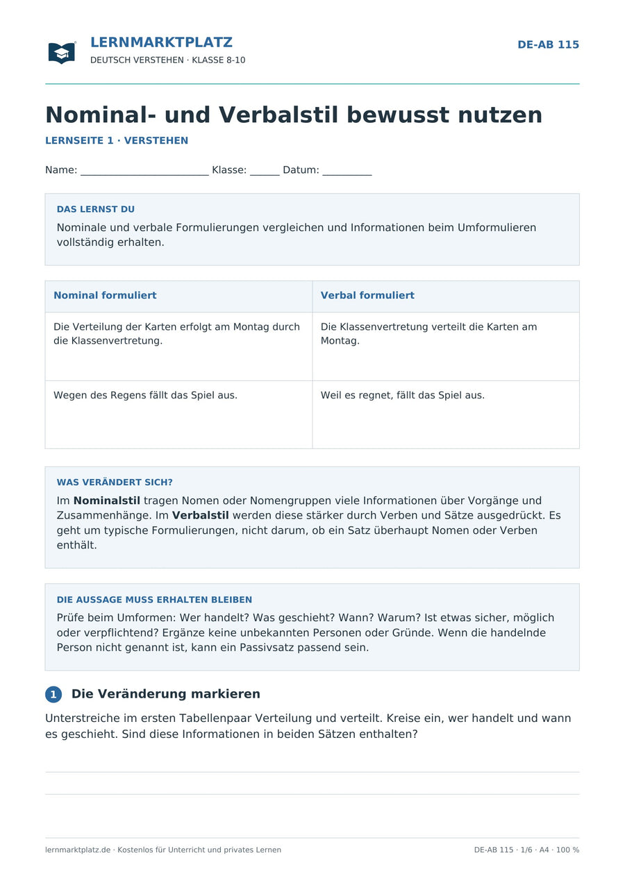 Nominal- und Verbalstil bewusst nutzen – erste Seite des Deutsch-Arbeitsblatts für Klasse 8-10