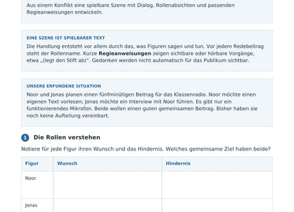Eine kurze Szene schreiben – erste Seite des Deutsch-Arbeitsblatts für Klasse 8-9