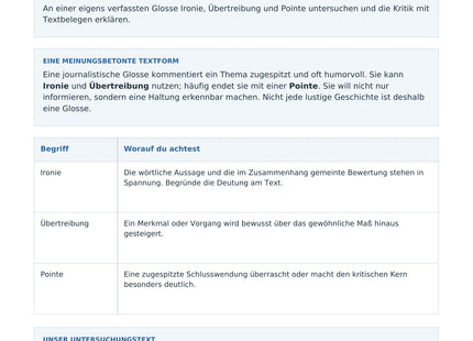 Eine Glosse untersuchen – erste Seite des Deutsch-Arbeitsblatts für Klasse 9-11