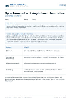 Sprachwandel und Anglizismen beurteilen – kostenloses Deutsch-Arbeitsblatt mit Lösungen (PDF)