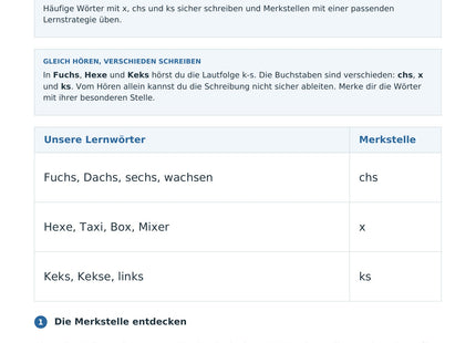 Wörter mit x, chs und ks schreiben – erste Seite des Deutsch-Arbeitsblatts für Klasse 3-4
