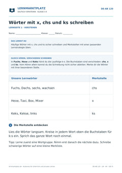 Wörter mit x, chs und ks schreiben – kostenloses Deutsch-Arbeitsblatt mit Lösungen (PDF)