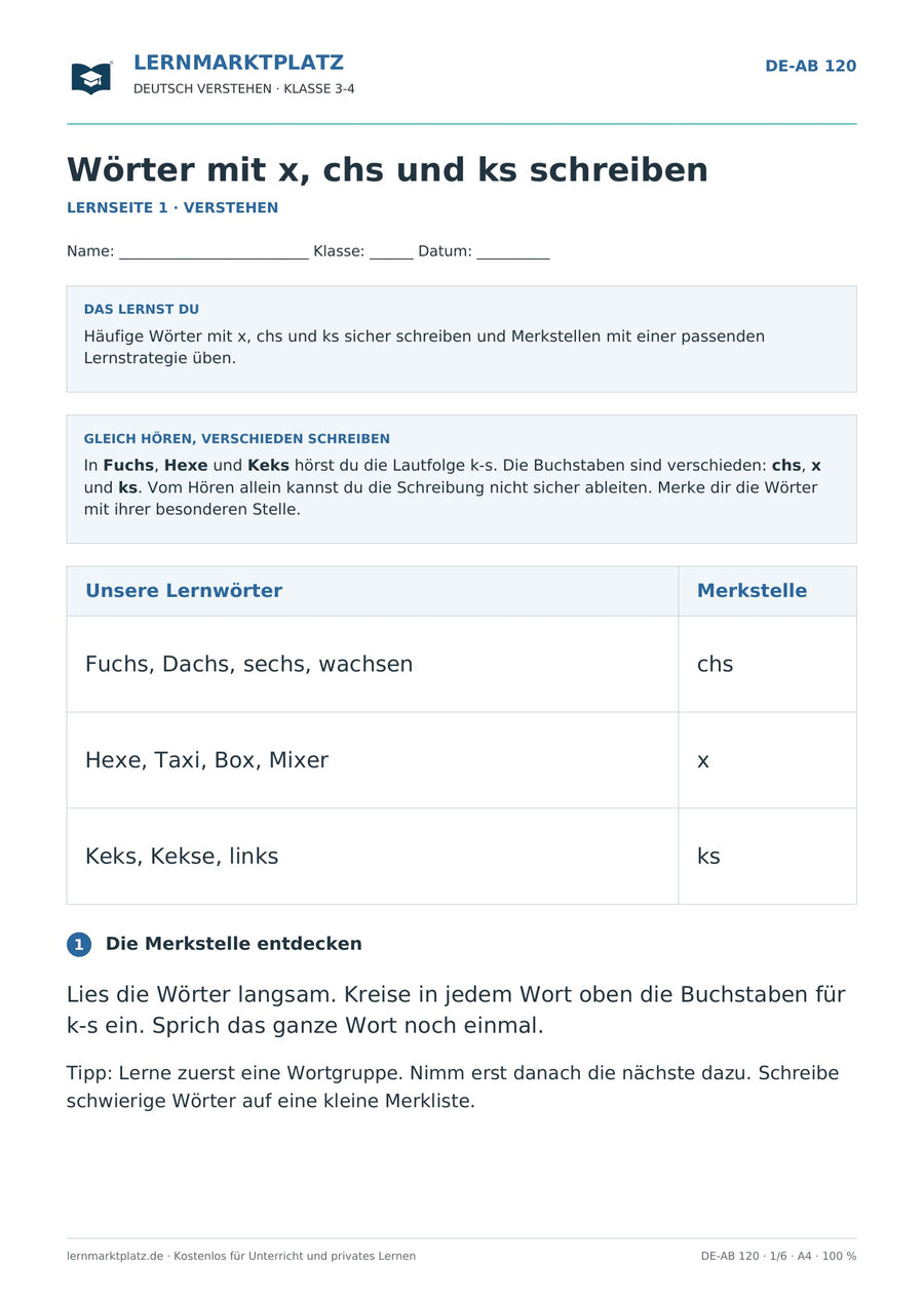 Wörter mit x, chs und ks schreiben – erste Seite des Deutsch-Arbeitsblatts für Klasse 3-4