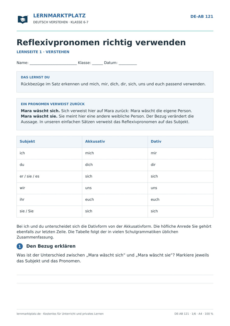 Reflexivpronomen richtig verwenden – erste Seite des Deutsch-Arbeitsblatts für Klasse 6-7