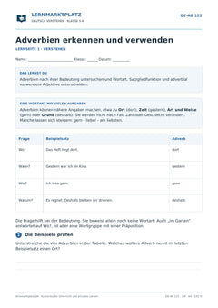 Adverbien erkennen und verwenden – kostenloses Deutsch-Arbeitsblatt mit Lösungen (PDF)