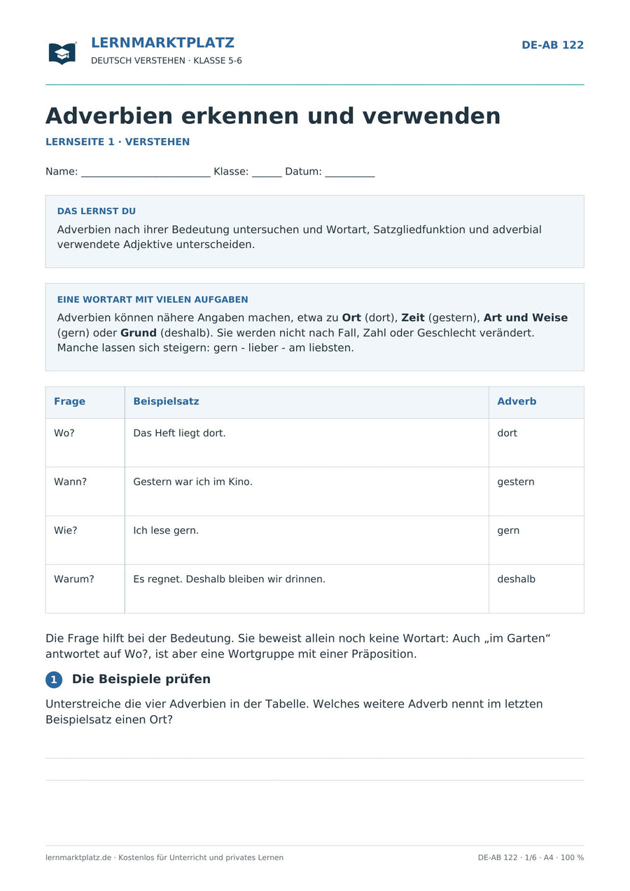 Adverbien erkennen und verwenden – erste Seite des Deutsch-Arbeitsblatts für Klasse 5-6
