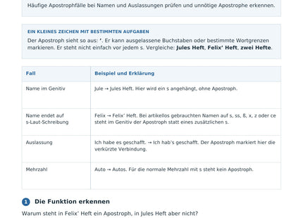 Den Apostroph richtig setzen – erste Seite des Deutsch-Arbeitsblatts für Klasse 5-7