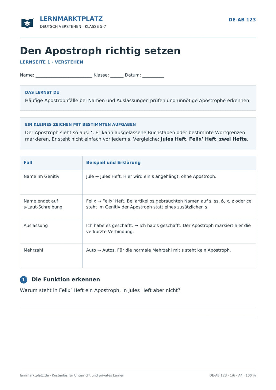 Den Apostroph richtig setzen – erste Seite des Deutsch-Arbeitsblatts für Klasse 5-7