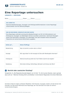 Eine Reportage untersuchen – kostenloses Deutsch-Arbeitsblatt mit Lösungen (PDF)