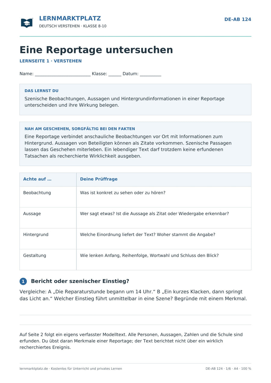 Eine Reportage untersuchen – erste Seite des Deutsch-Arbeitsblatts für Klasse 8-10