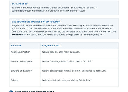 Einen journalistischen Kommentar schreiben – erste Seite des Deutsch-Arbeitsblatts für Klasse 8-10