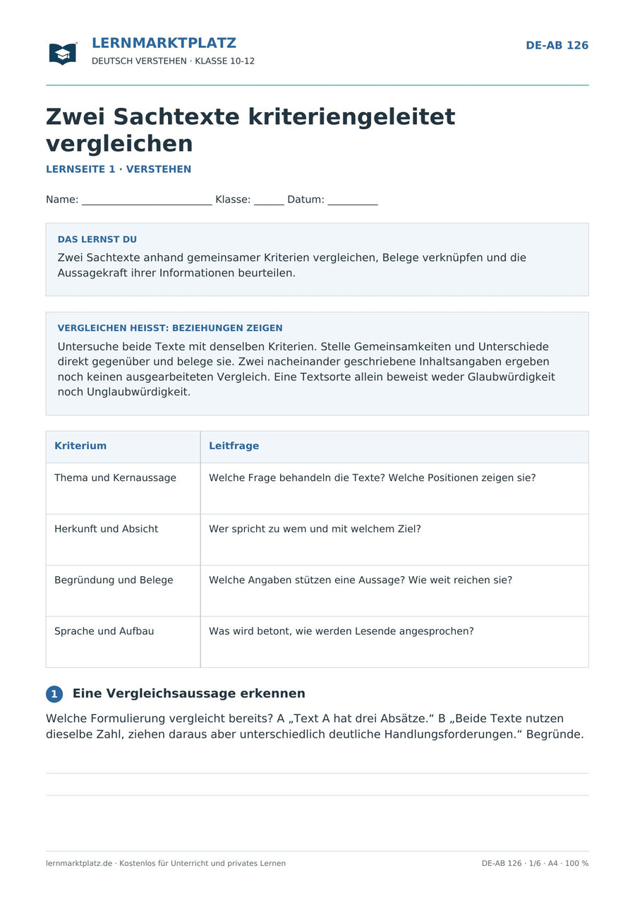 Zwei Sachtexte kriteriengeleitet vergleichen – erste Seite des Deutsch-Arbeitsblatts für Klasse 10-12