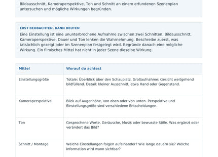 Filmische Gestaltung untersuchen – erste Seite des Deutsch-Arbeitsblatts für Klasse 10-11