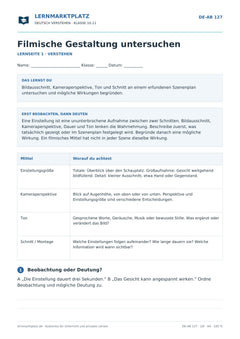 Filmische Gestaltung untersuchen – kostenloses Deutsch-Arbeitsblatt mit Lösungen (PDF)