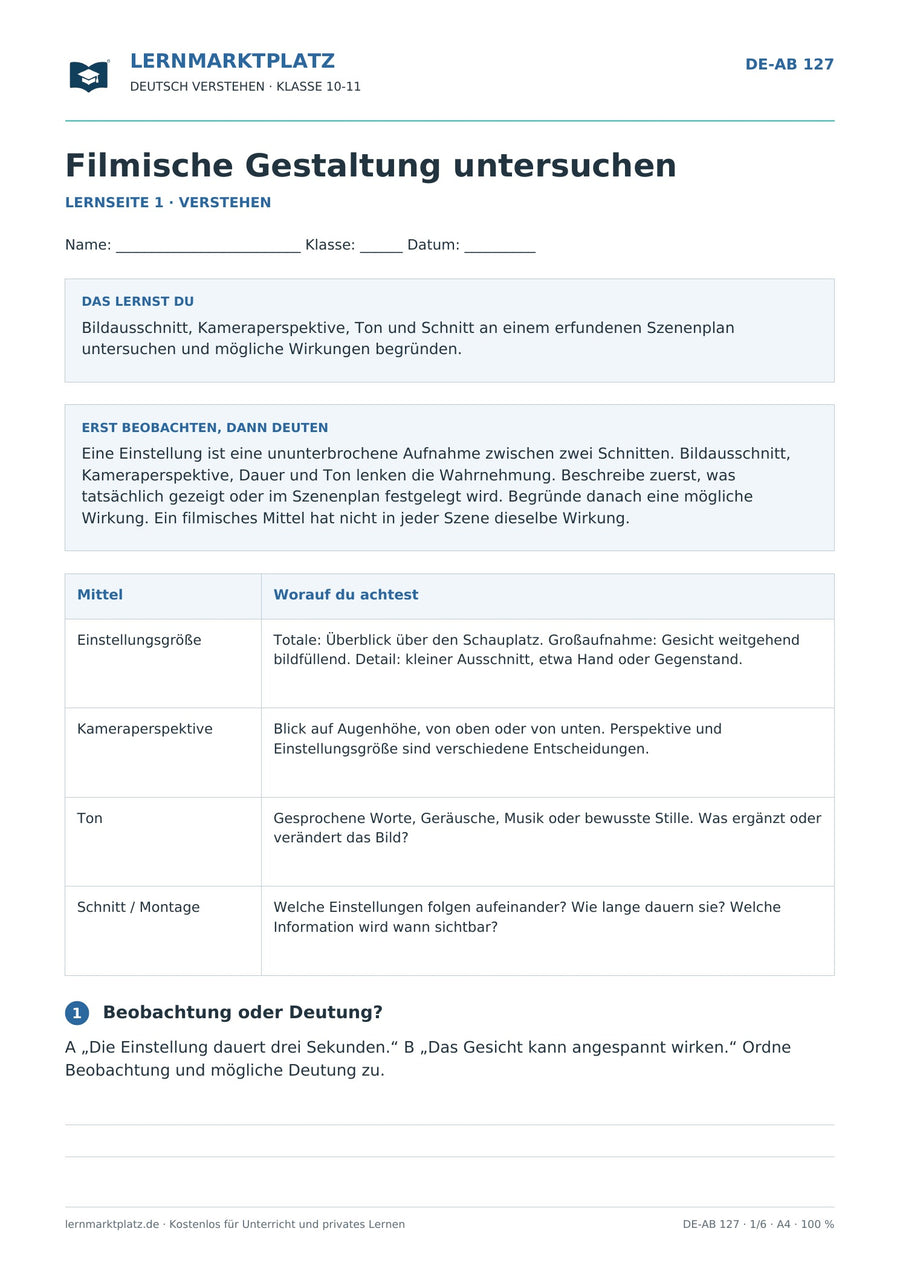 Filmische Gestaltung untersuchen – erste Seite des Deutsch-Arbeitsblatts für Klasse 10-11