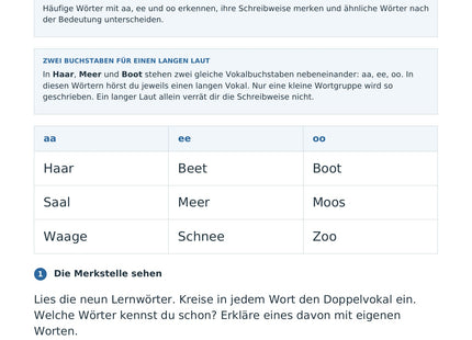 Doppelvokale aa, ee und oo schreiben – erste Seite des Deutsch-Arbeitsblatts für Klasse 3-4