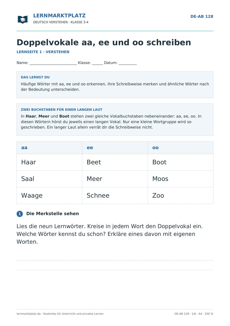 Doppelvokale aa, ee und oo schreiben – erste Seite des Deutsch-Arbeitsblatts für Klasse 3-4